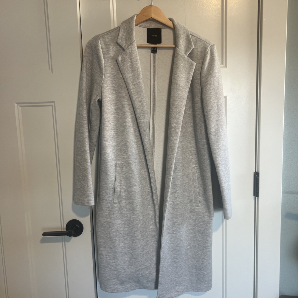 Forever 21 Womens Small Open Front Notched Lapel  Long‎ Cardigan Trench Coat